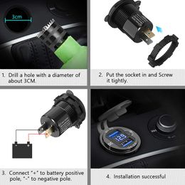 Quick Charge Car Dual USB Charger Socket Auto Adapter QC3.0 36W Waterproof with Voltmeter Switch for 12V/24V Motorcycle ATV RV