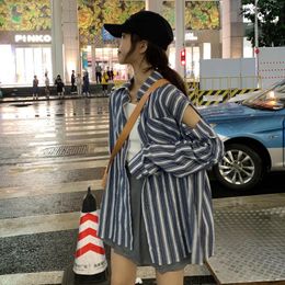 Women's Polos Japanese Blue Striped Shirt Design Sense Niche Retro French Scheming Off-Shoulder Spring And Autumn Casual Long Sleeve