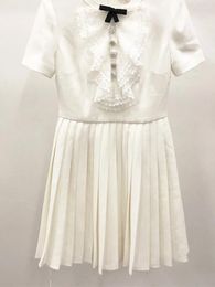 Casual Dresses Bow Lace Decorated Ladies Pleated Dress 2024 Summer Female Round Neck Short Sleeve White A-Line Robe