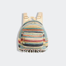 Fashion Mini Straw Woven Womens Backpack Stylish Ethnic Style Retro Colour Stitching Small Backpacks Female Girls Storage Bags 240524