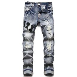 Men's Jeans Mens Spring/Summer Retro Blue Hole Jeans Punk Ultra Thin Elastic Print Small Feet High Street Hip Hop Fashion Casual Jeans Q240523