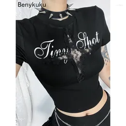 Women's T Shirts Gothic Criss-Cross Hollow Out T-Shirt Women Vintage Round Neck Graphic Punk Tee Tops Short Sleeve Casual Vacation