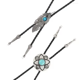 Bow Ties 2Pcs Western Bolo Tie Necktie Necklace With Metal Flower Stone Cowboy Pendant