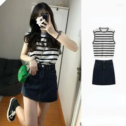 Work Dresses 2024 Summer Sweet Light Mature Age Reduction Small Wear Set Denim Half Body Mini Skirt Pants Striped Top Two-piece Y2K