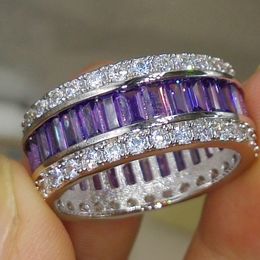Wholesale Professional Luxury Jewlery Princess Cut 925 Sterling Silver Amethyst Gemstones CZ Diamond Wedding lover Band Ring Gift Size 298Y