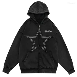 Women's Hoodies Vintage Washable Hoodie Sweatshirt Y2K Hip-hop Embroidered Star Patch Double Zipper Hooded Harajuku Punk Gothic Coat