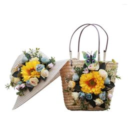 Shoulder Bags Summer Women Straw Handbag Flowers Woven Handmade Knitted Small Totes Bohemia Beach Bag With Starw Hat