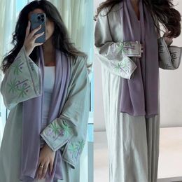 Ethnic Clothing Chic Ramadan Muslim Kimono Open Abaya For Turkey Women Modest Solid Embroidery Full Sleeve Moroccan Arab Robe