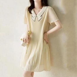 Fashion Contrasting Colors V-Neck Elegant Dress Womens Clothing Summer Beading Folds Vintage Butterfly Sleeve Dresse 240524