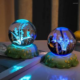 Decorative Figurines Lovely Flower Crystal Ball With Holder Laser Engraving Glass LED Night Light Desk Ornaments Home Decor Birthday