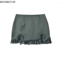 Skirts KEYANKETIAN Launch Lace Decoration Striped Skirt Women's Side Zipper High Waist Split Sweet Sexy Skinny Mini