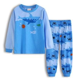 Mavi Deniz Köpekbalığı Bebek Erkek Elbise Takımları 90-130 Çocuk Sktarwear% 100 Pamuklu Kız Pamas Giyim Seti Bahar Sonbahar Yumuşak Gömlek L2405