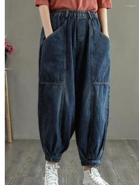 Women's Jeans Fashion Women Denim Harem Pants Vintage Elastic Waist Loose Ankle-length Big Pocket Washed Spring Casual Trouser