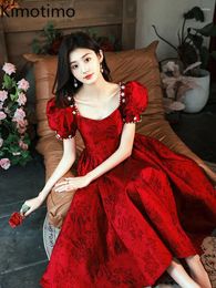 Party Dresses Topenomi Red Puff Sleeve Dress Women French Elegant Beaded Square Collar Waist A-line Pleated Gown Wedding Evening