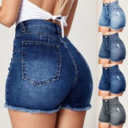 Womens denim shorts Summer Lady Clothing High Waist Denim Shorts Fringe Frayed Ripped Jeans With Pockets 240523