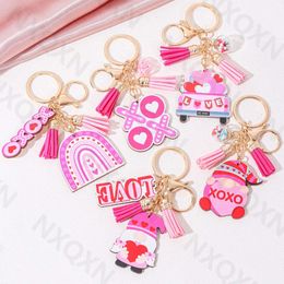 Pink Wooden XOXO Rainbow Keychain Pretty Heart Love Key Ring For Women Men Valentine's Day Gift Handmade Jewelry Valentine