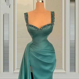 Green sexy split ends generous Prom Dress Evening Dresses with Beaded Crystals Pleat Satin Robe De Soiree Party 195t
