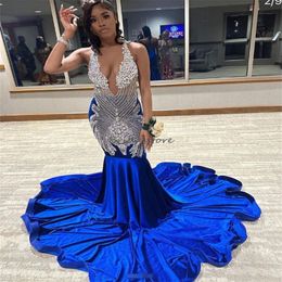 Royal Blue Diamond Prom Dresses For Black Girls Elegant Velvet V Neck Aso Ebi Evening Dress 2024 Court Train Formal Birthday Party Gowns Ceremony Vestido Fiesta Mujer