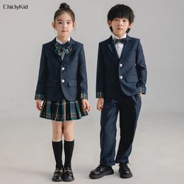 Children School Uniform Girls Korean Japanese Navy Jacket Pleated Skirt Boys Formal Dress Suits Kids Student Clothes Class Sets 240522