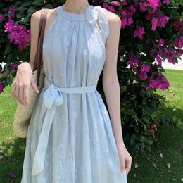 Casual Dresses 2024 Summer Women French Premium Niche Temperament Seaside Holiday Blue Hanging Neck Large Size Sanya Beach Dresse