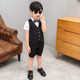 Boys Girls Cool Summer Vest+Short 2Pcs Formal Wedding Suit Gentleman Kids Performance Dress Children Graduation Clothing Set