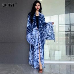 High Quality Summer Fringed Tie-dye Printed Women Cardigan Long Dress Elegant Boho Loose Beach Swimming Cover Up Kimonos