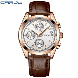 CRRJU Men Military Watches Male Black dial Business quartz watch Men's Leather Strap Waterproof Clock Date Multifunction Mens Watc 290K