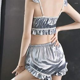 Bras Sets Women Shiny Maid Lingerie Sexy Lace-Up Backless Crop Top Ruffle Shorts