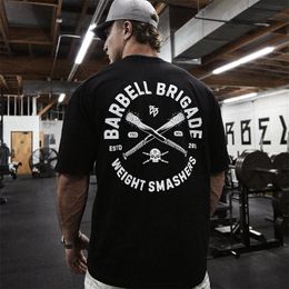 Barbell Skull Letter Print Bodybuilding Fitness Sport Man Cotton Short Sleeve Tshirt Gym Training Men Muscle Tees Tops 240521