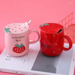 Mugs 450mL Strawberry Coffee Mug With Lid And Spoon Creative Personality Couple Milk&Tea Juice Water Ceramic Cup Gift For Friend