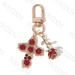 Pretty Rose Cross Red Enamel Keychain Lovely Flowers Plant Key Ring For Women Girl Valentine Handmade Valentine's Day Jewelr