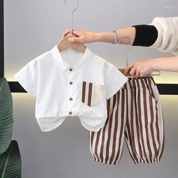 Clothing Sets Toddler Boys Outfits Set 2024 Summer Baby Boy Clothes 1 To 2 Years Vertical Striped Pocket Short Sleeve Shirts Shorts Kids