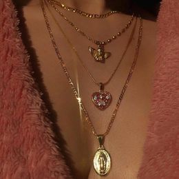Women Necklaces Angel Heart Pink Crystal Virgin Mary Pendant Clavicle Chain Multilayer Gold Necklace Set Engagement Jewelry Gift 243L