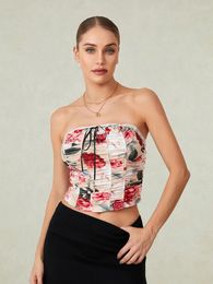 Women's Tanks Strapless Tops Floral Print Tube Crop Y2k Sleeveless Summer Bandeau Vest Top Off Shoulder Slim Tank Streetwear