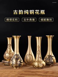 Vases Pure Copper Carving Zen Antique Vase Furniture Indoor Flower Arrangement Dry Decoration Crafts Creative Living Room Table