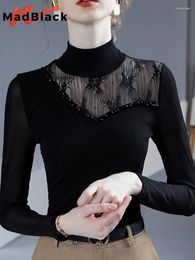 Women's T Shirts MadBlack European Clothing T-Shirt Women Sexy Mock Neck Beaded Lace Patchwork Slim Tops Long Sleeve Tee Spring Autumn