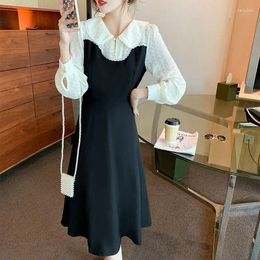 Casual Dresses Black And White Splicing Dress Spring Autumn Long Sleeves Over The Knee Slim-Fit Doll Collar Temperament Socialite A-Word