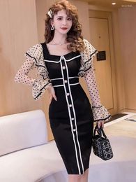 Casual Dresses 2024 Black Patchwork Polka Dot Long Sleeve Dress Women Korean Elegant Kawaii Midi Autumn Winter Vintage Hepburn Prom