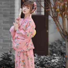 Ethnic Clothing Women's Japan Style Long Dress Pink Color Traditional Kimono With Obi Cosplay Costume Pography Wear Yukata Robe