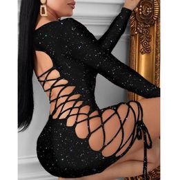 Casual Dresses Fashion Women Sexy Bling Bodycon Mini Dress Long Sleeve Glitter Bandage Hollow Out Lace Up Evening Party Club Ladie2700214