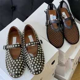 New Models Hollowed Out Mesh Sandals Designer Sandals Women Shoes Ballet Flats Shoes Luxury Brand Summer Vintage Rhinestone Metallic Leather Ballerina With Box