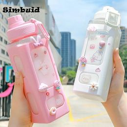 700ml Cute Water Bottle for Girls with Lid Straw Sticker Plastic Juice Milk Portable Kawaii Tumbler Childrens Drinkware 240510