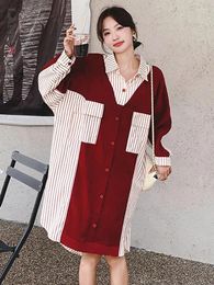 Casual Dresses LANMREM Contrast Colour Striped Spliced Dress Women Lapel Back Button Design Loose Patchwork Streetwear 2024 23724