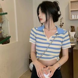 Fashion Office Lady Striped Tops Summer Slim Short Sleeve Pullovers V-neck Knitting Womens Clothing Sweater Patchwork T-Shirts 240524