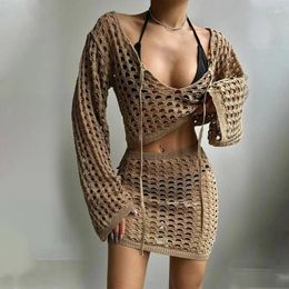 Summer Beach Set Women's Solid Colour Sexy Knitted Beachwear Bikini Swimwear Two Piece Cover Up Sets Femme Cover-ups