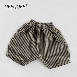 Shorts Cotton Linen Stripe 2024 Summer New Childrens Shorts Casual Boys and Girls Trousers Korean Children Wear 1-8Y Childrens Clothing Y240524