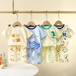 2024 Yeni Çocuklar Kısa Kollu Takım Saf Pamuk Yaz Boys T-Shirt Kızlar Ev Kıyafetleri Bebek Pamas Çocuk Giysileri L2405