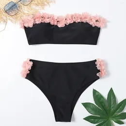 Women's Swimwear 2024 Floral Ruffles Bikinis Sets Female Black Crop Tops Split Swimsuit Two Pieces Beach Bathing Suit Women Micro
