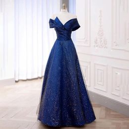 Party Dresses Blue Off Shoulder Evening Dress Light Luxury Satin Shiny Sequins Banquet Gown V-Neck Pleated Floor-Length A-Line Vestido