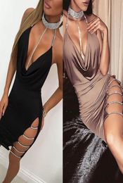 Womens Sexy Deep V Neck Halter Backless Choker Slit Sequin Bodycon Nightclub Hollow Mini Party Dresses Mini Dress454342530